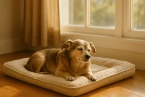 창가에서 따뜻한 햇살을 받으며 낮은 침대에 누워 쉬고 있는 노령견의 편안한 모습