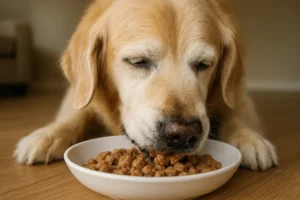 나이 든 강아지가 부드러운 사료를 맛있게 먹는 모습