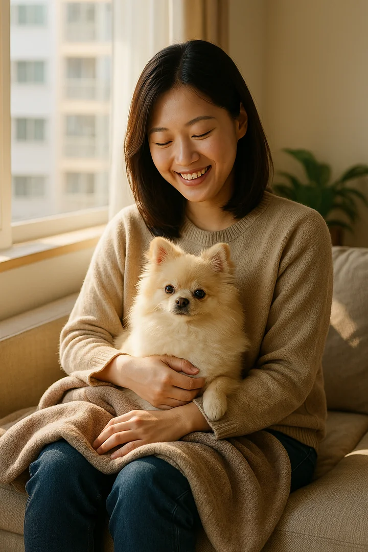 웃으며 작은 강아지를 안고 있는 여성 보호자 – 애견호텔 이용 전 자주 묻는 질문