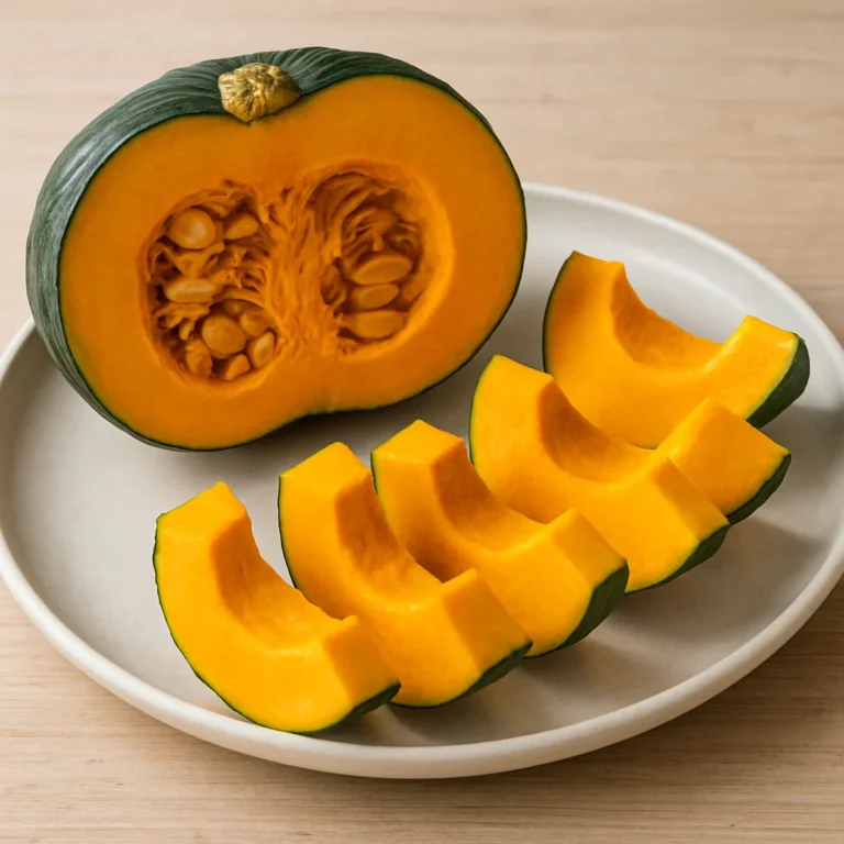 반으로 자른 단호박과 조각 단호박이 접시에 놓인 모습