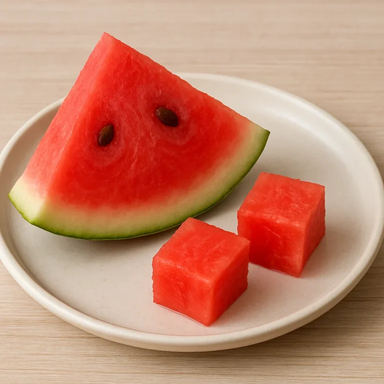 수박 조각과 깍둑 썬 수박이 접시에 놓인 모습