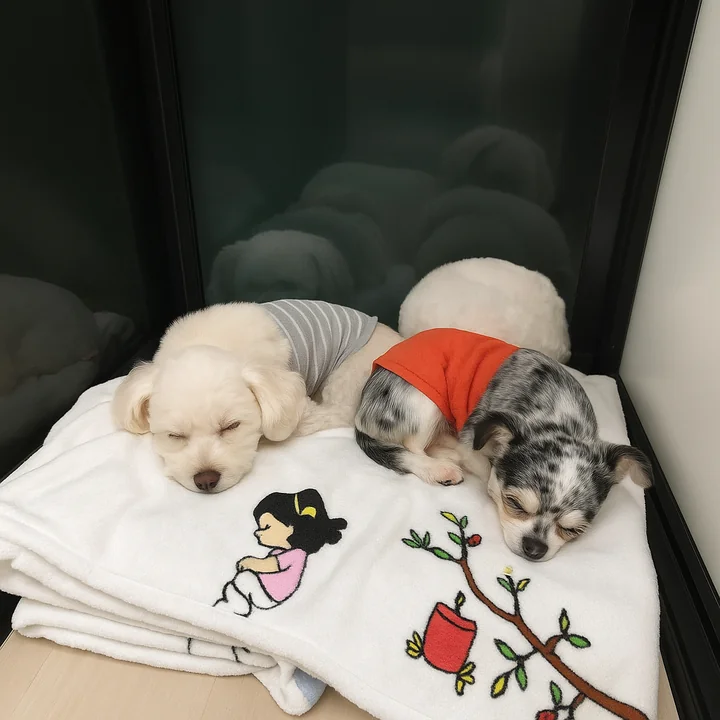 지지밍고 소형견 낮잠 시간 – 의정부 애견호텔 데이케어 낮잠 시간, 침구 위에서 조용히 쉬는 소형견 – 의정부 데이케어 지지밍고