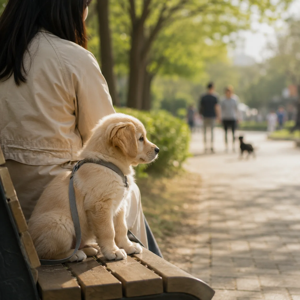 보호자와 함께 조용한 공원 벤치에서 주변을 관찰하는 어린 강아지